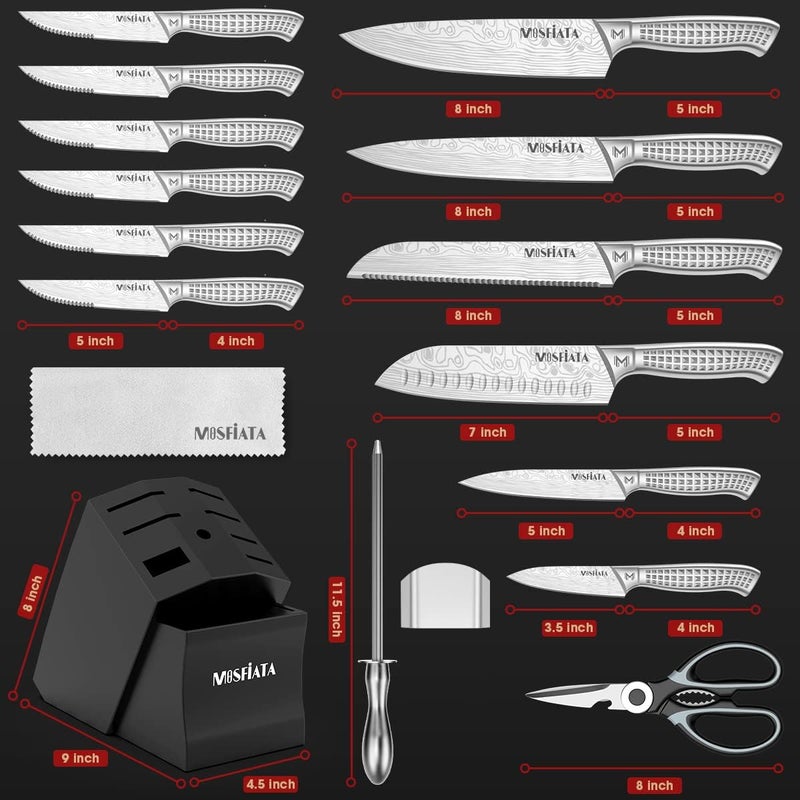 MOSFiATA Japanese Stainless Steel Knife Set, 17 Pcs with Block, Knife Sharpening Rod, Dishwasher Safe, Dad Birthday Gift - Image 2